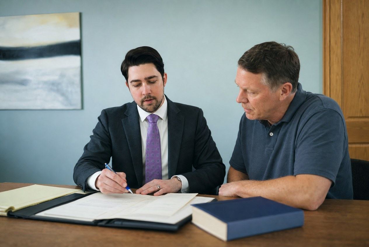 Attorney reviewing legal strategy and case documents